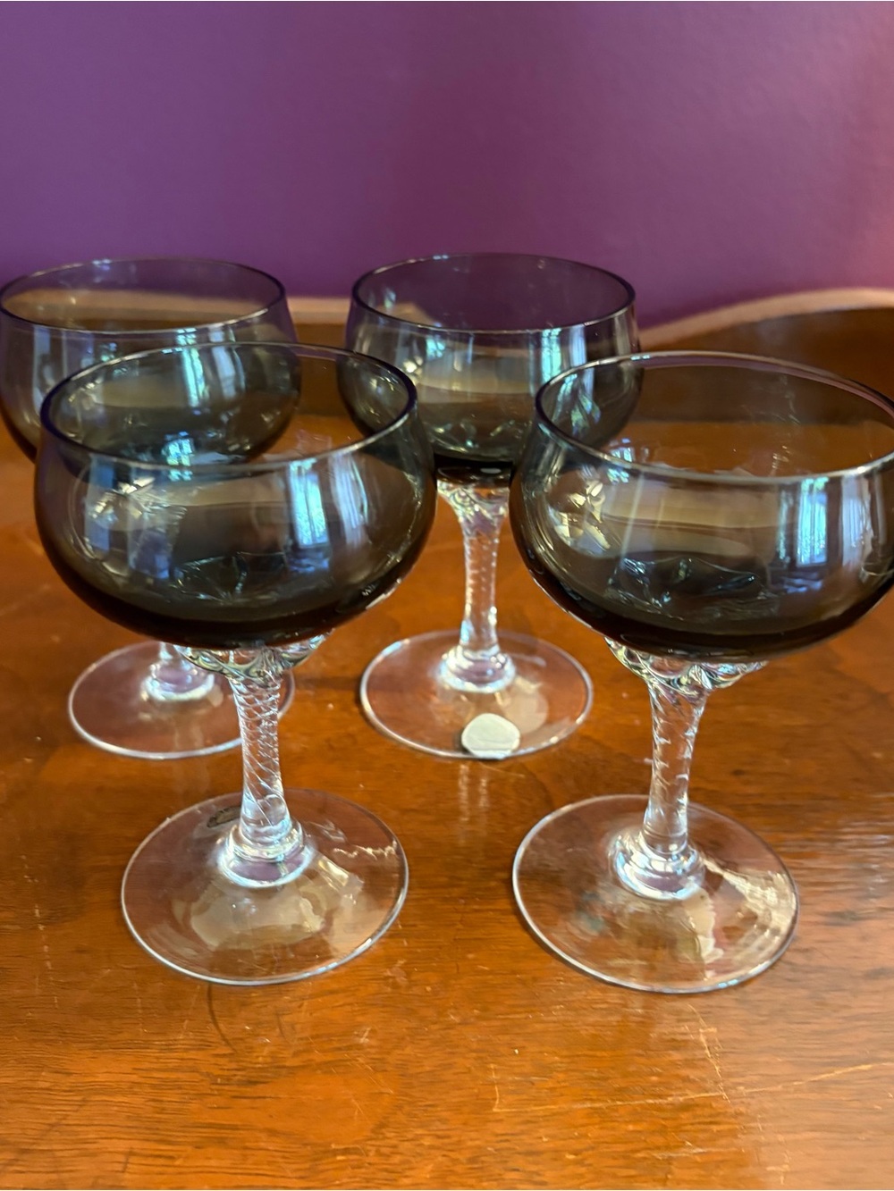 Vintage Sasaki Coronation cordial or small wine glasses set of 4 smoke grey